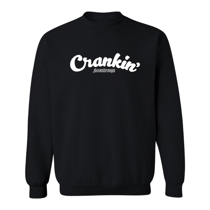 A black crew neck sweatshirt with 'Crankin'' printed in white script across the chest, with a smaller 'SoulBounce' logo printed in white underneath, shown on a plain white background.