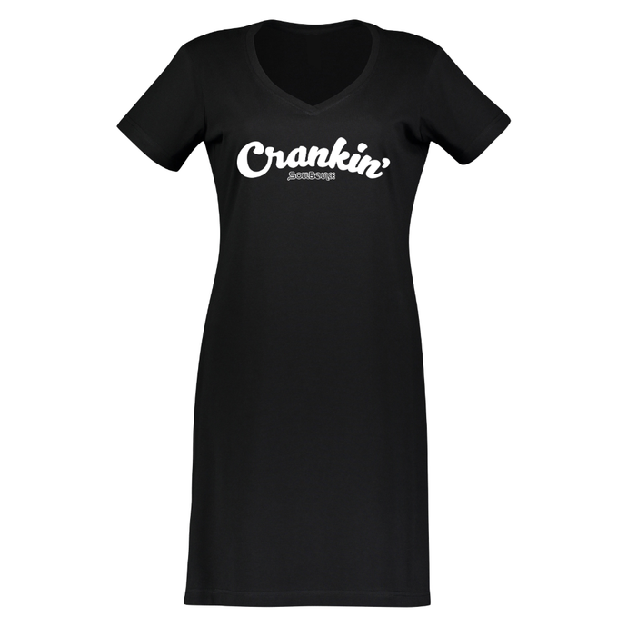 A black short sleeve v-neck dress with 'Crankin'' printed in white script across the chest, with a smaller 'SoulBounce' logo printed in white underneath, shown on a plain white background.